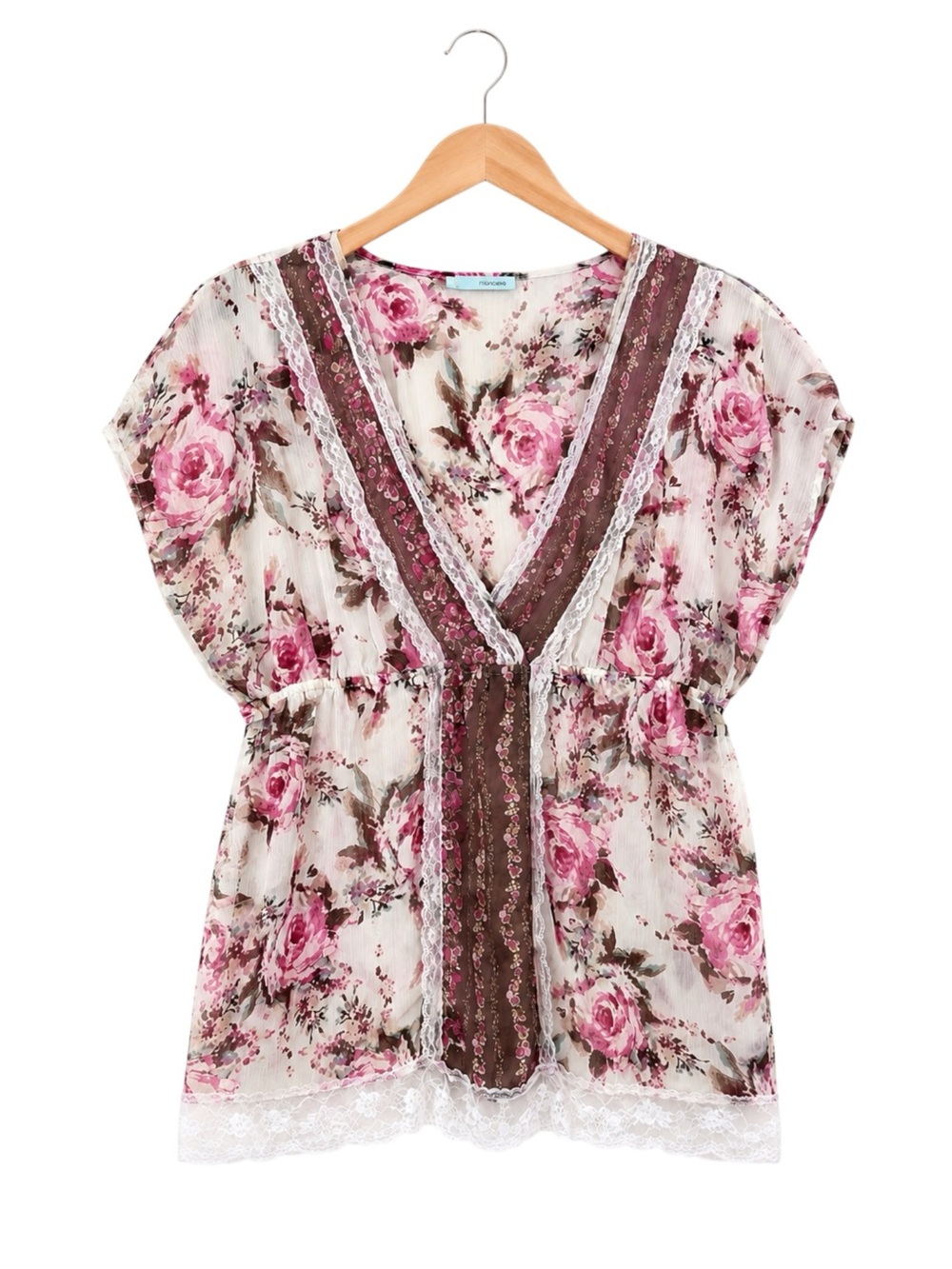 Womens Sheer Floral Lace Babydoll Blouse Top Fairy Ethereal Romantic Mixed Print